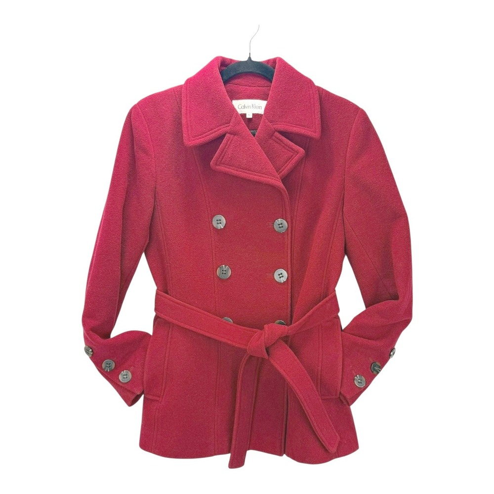 Calvin Klein Women Red Double Breasted Belted Wool Blend Peacoat P6